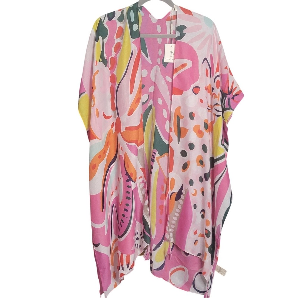 Anthropologie Do Everything In Love Kimono OS Pink Abstract Floral Tassel Trim